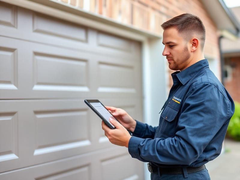 Professional garage door technician with digital tablet doing inspection