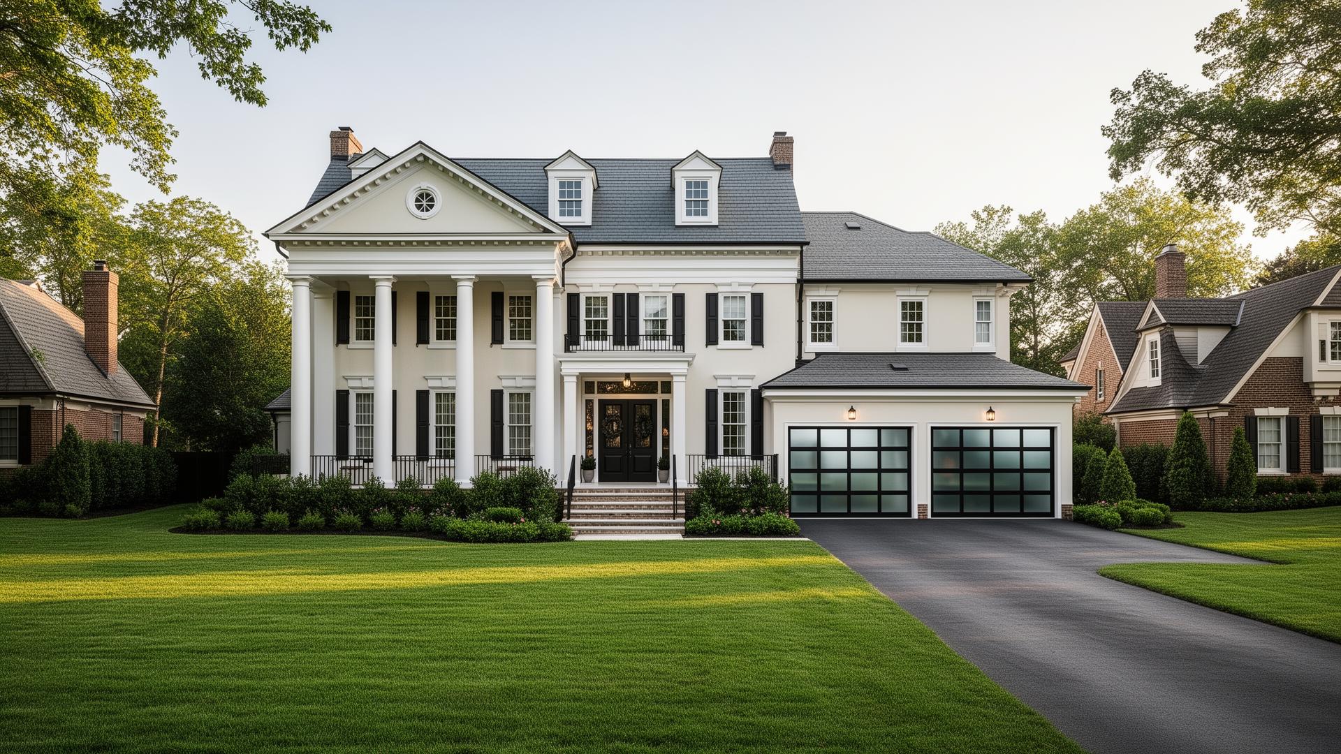 Beautiful Georgian mansion with modern glass and aluminum garage doors installed by Selma Garage Doors in North Carolina